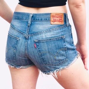Levis 501 mid rise button up fly blue denim jean shorts daisy dukes cutoffs